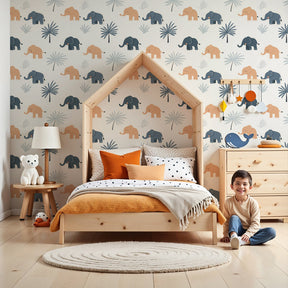 Elephant mural wallpaper with tropical palm trees decorating modern nursery by Kids-Mundo