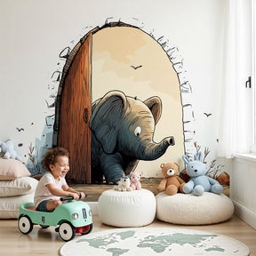 Curious baby elephant mural wallpaper in modern nursery with wooden crib by Kids-Mundo