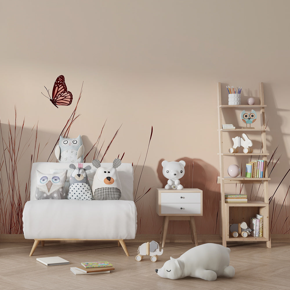 Nature-themed elephant and butterfly wallpaper for calming kids room decor