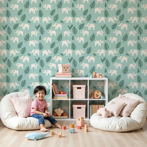 Elephant mural wallpaper in soft pastels decorating a serene nursery by Kids-Mundo