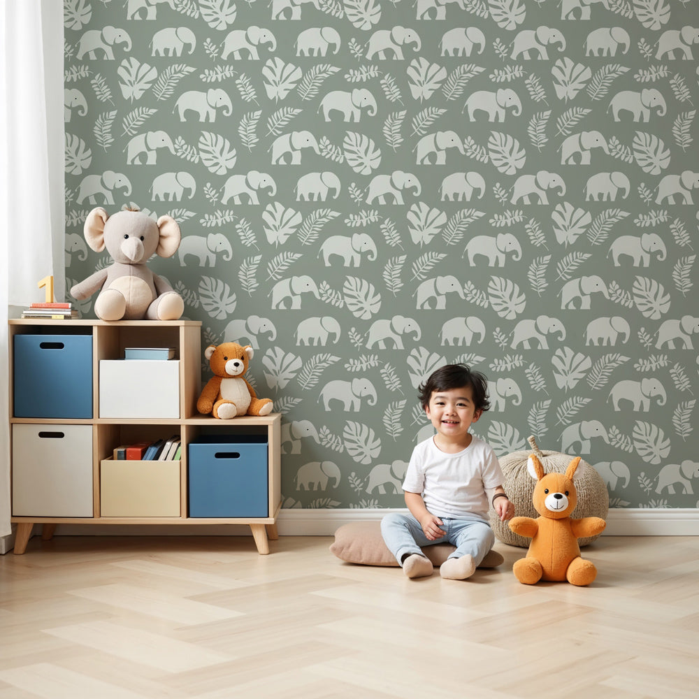 Elephant jungle mural wallpaper creating safari-themed nursery decor by Kids-Mundo