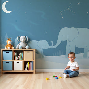Elephant family mural wallpaper creating peaceful nursery decor with starry night theme by Kids-Mundo