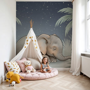 Elephant mural wallpaper creating peaceful nursery decor with starry night safari theme by Kids-Mundo