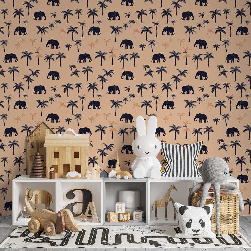 Gentle elephant wallpaper with palm trees in soft pastel children's bedroom setting