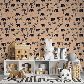 Gentle elephant wallpaper with palm trees in soft pastel children's bedroom setting