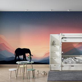 Pastel elephant silhouette wallpaper transforming kids bedroom with mountain landscape design