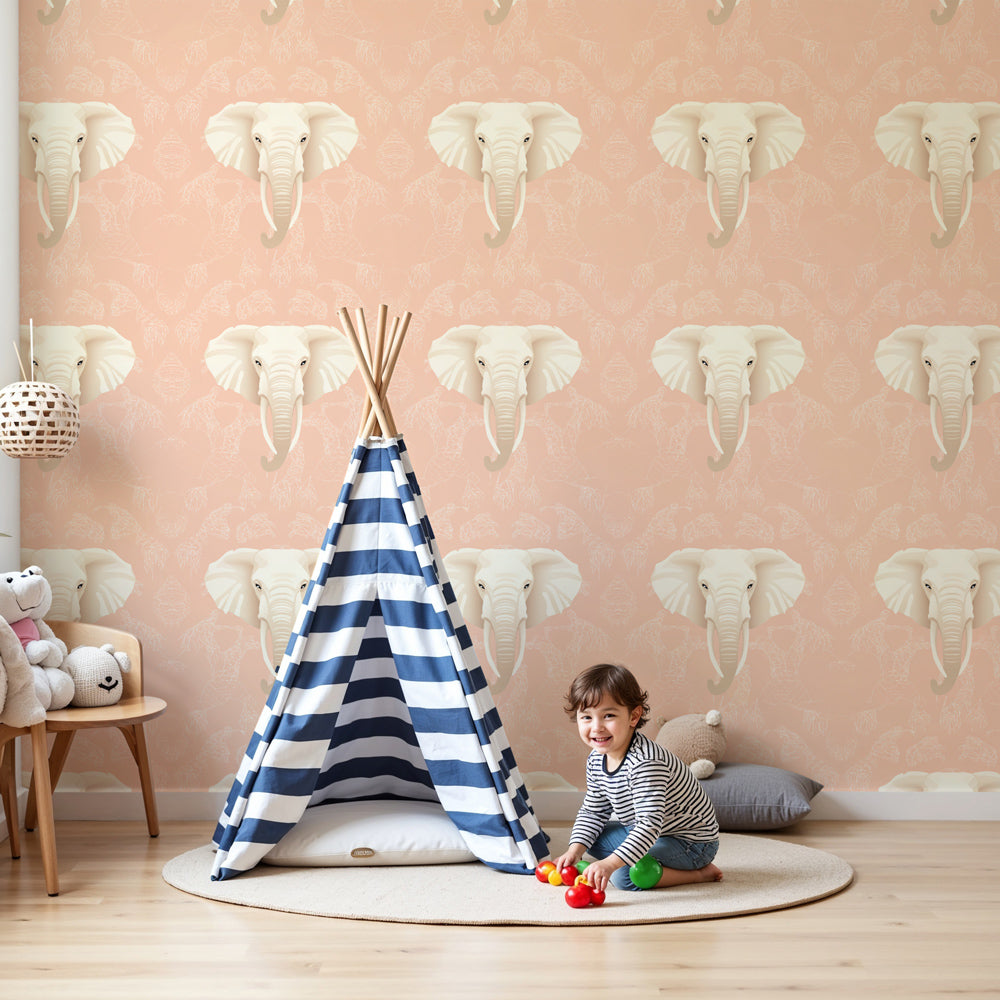 Pink elephant head mural wallpaper creating serene nursery atmosphere by Kids-Mundo