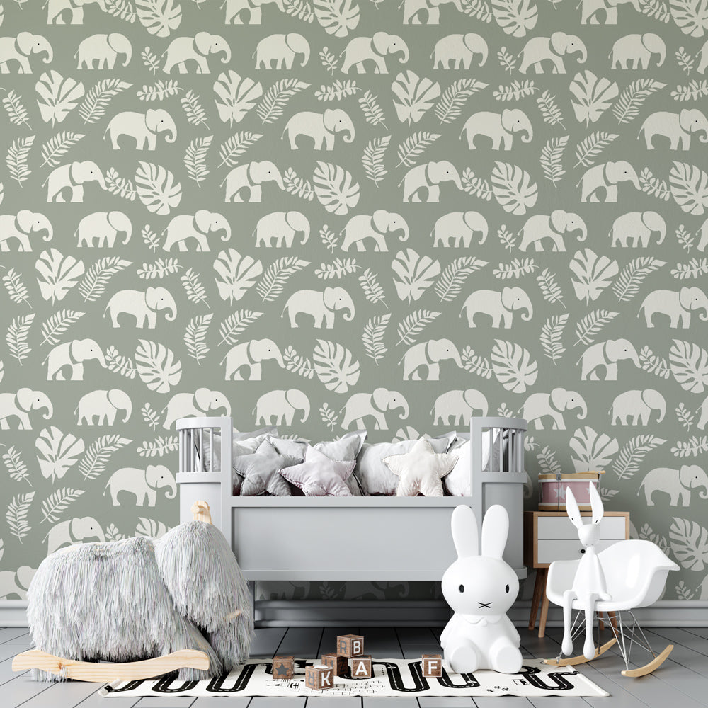 Jungle elephant mural wallpaper creating adventure-themed kids playroom by Kids-Mundo