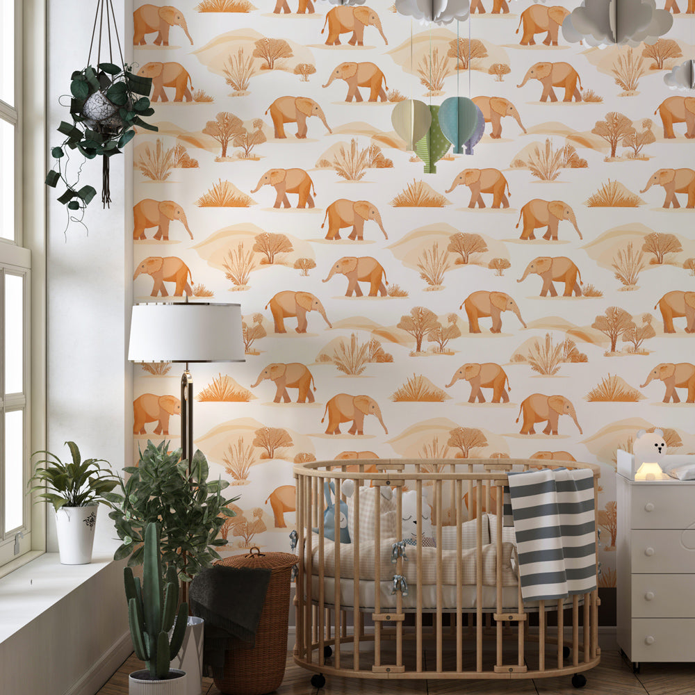 Warm elephant mural wallpaper transforming children's playroom into safari adventure