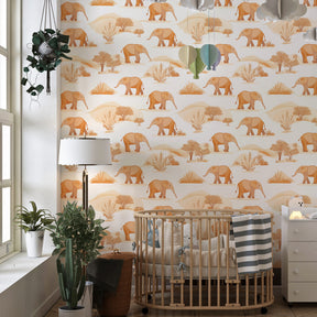 Warm elephant mural wallpaper transforming children's playroom into safari adventure