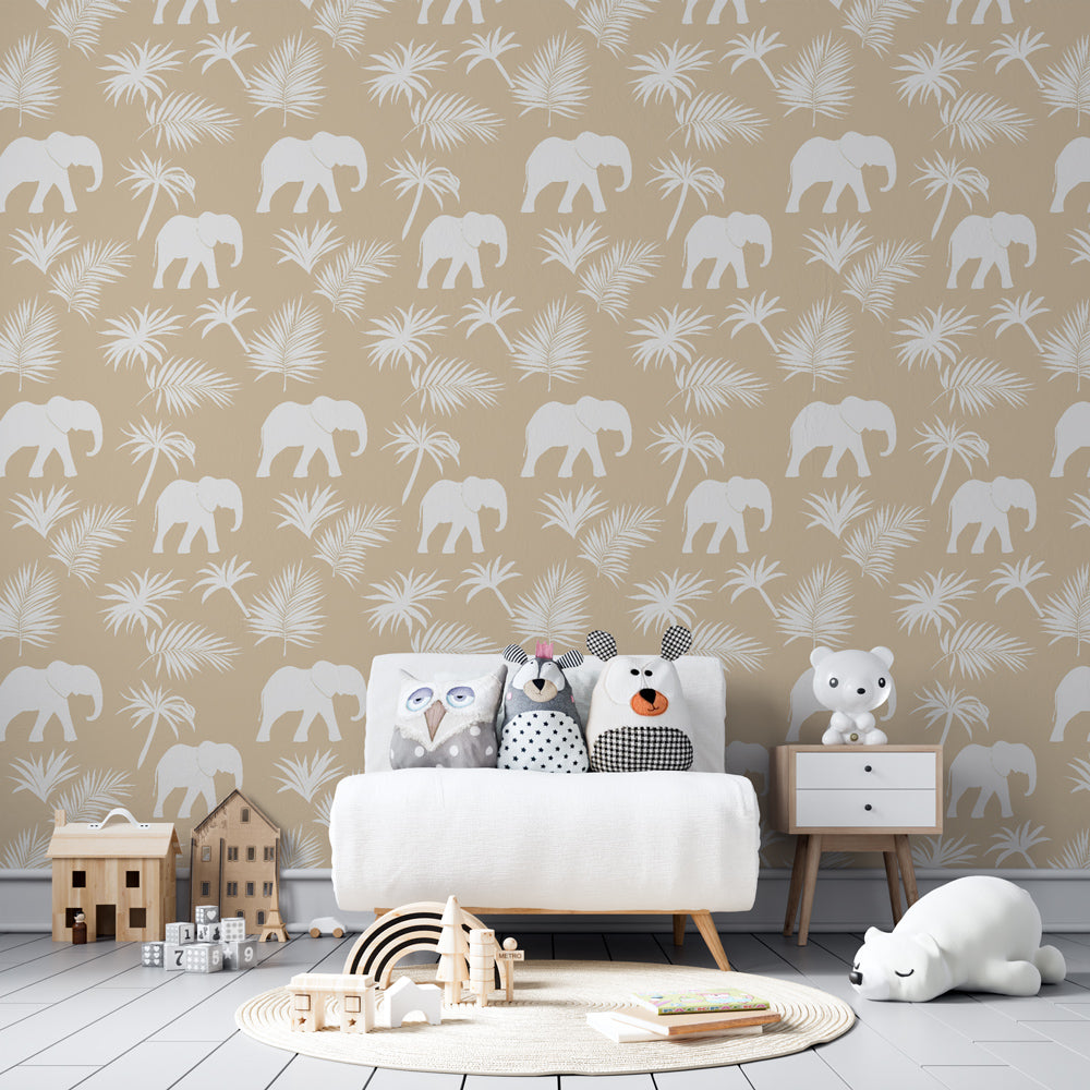 Safari elephant mural wallpaper for kids playroom featuring white elephants on sandy beige background