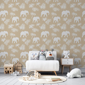Safari elephant mural wallpaper for kids playroom featuring white elephants on sandy beige background