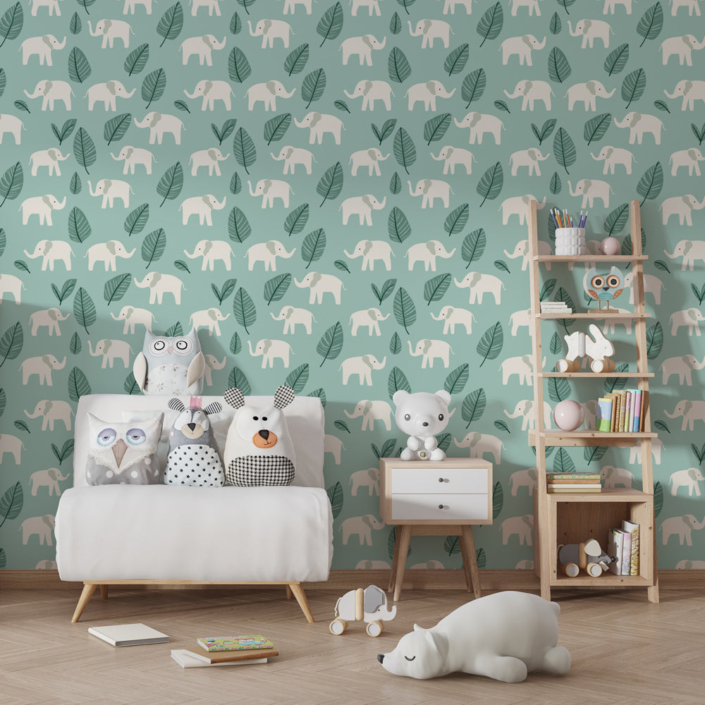 Playful elephant mural wallpaper with botanical elements in children's playroom