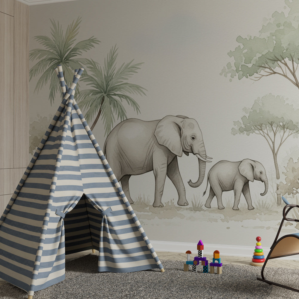 Nature-themed elephant mural wallpaper for peaceful kids playroom by Kids-Mundo