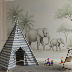Nature-themed elephant mural wallpaper for peaceful kids playroom by Kids-Mundo