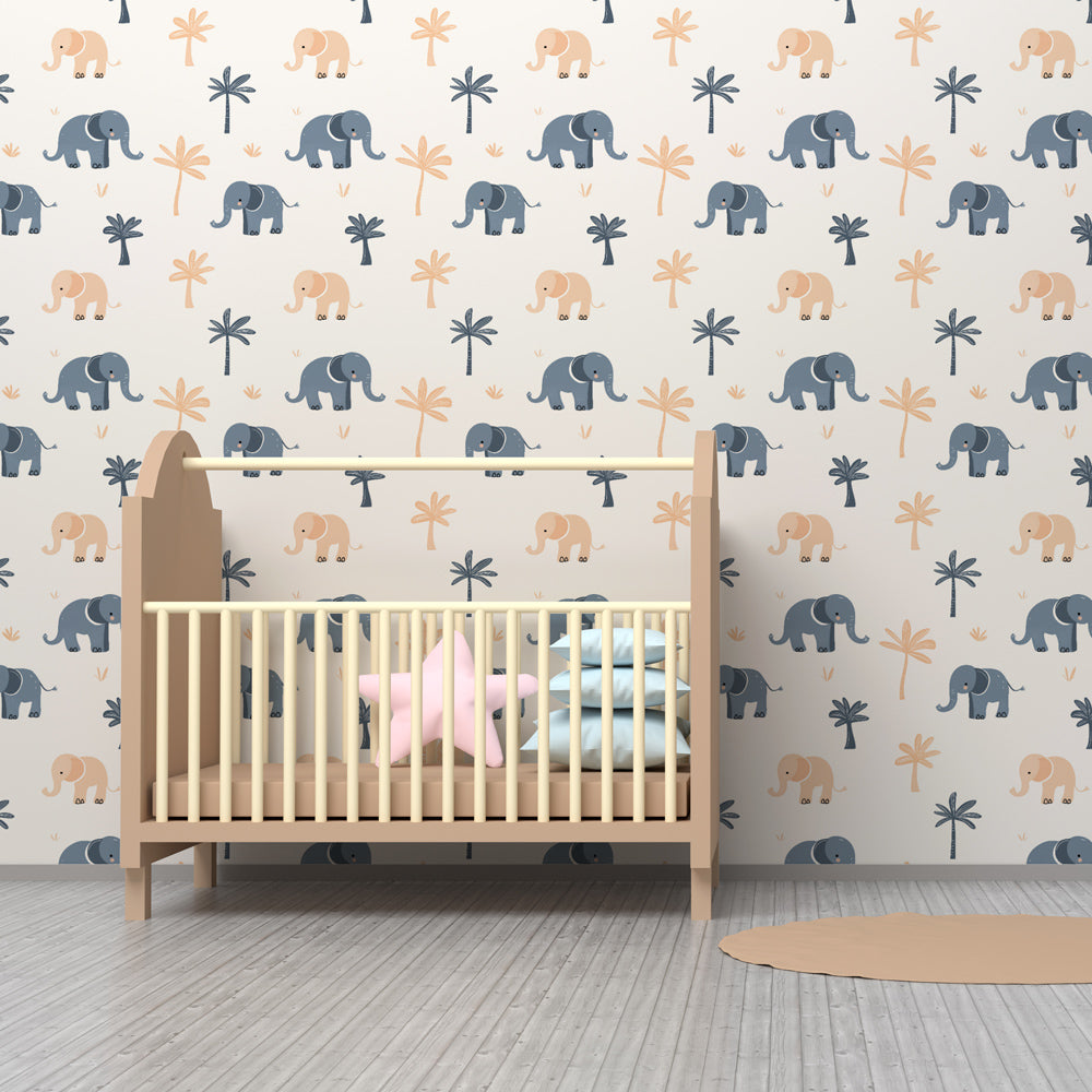 Safari theme elephant wallpaper creating adventurous atmosphere in kids playroom setting