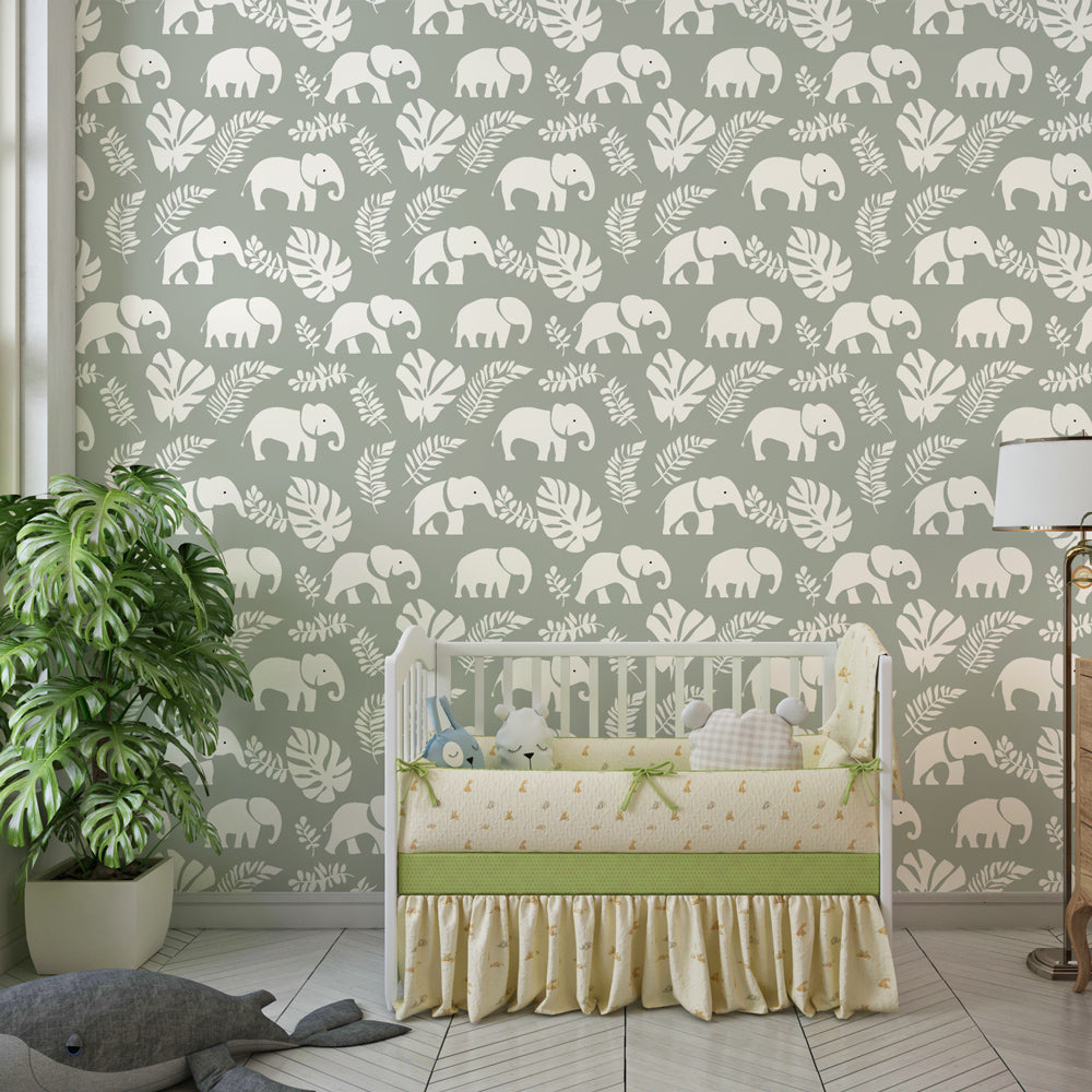 Animal-themed elephant wallpaper transforming kids playroom into adventure space