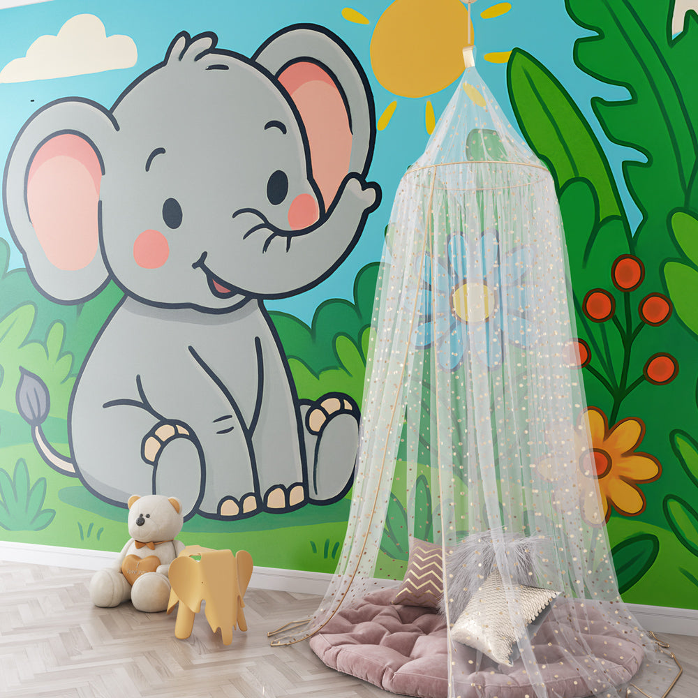 Vibrant elephant forest mural wallpaper transforming kids playroom space
