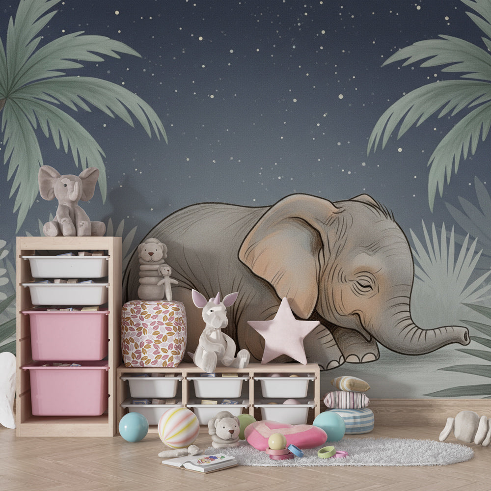 Starry night elephant mural wallpaper transforming children's room into dreamy safari sanctuary