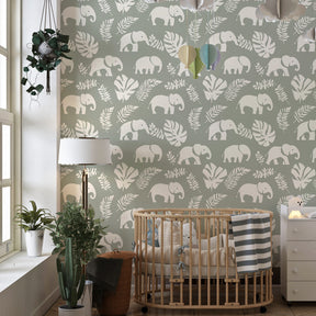 Safari elephant wallpaper creating peaceful atmosphere in children's bedroom decor