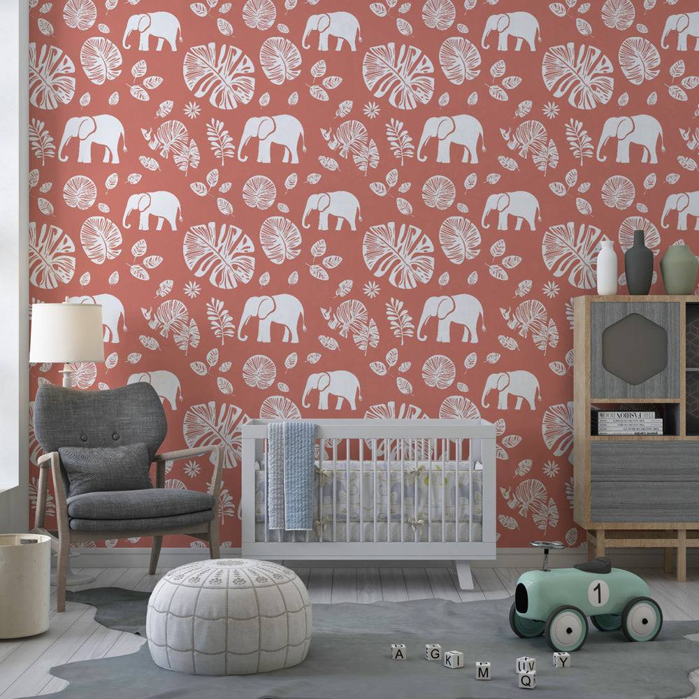 Safari elephant wallpaper transforming children's bedroom with tropical foliage and warm terracotta tones