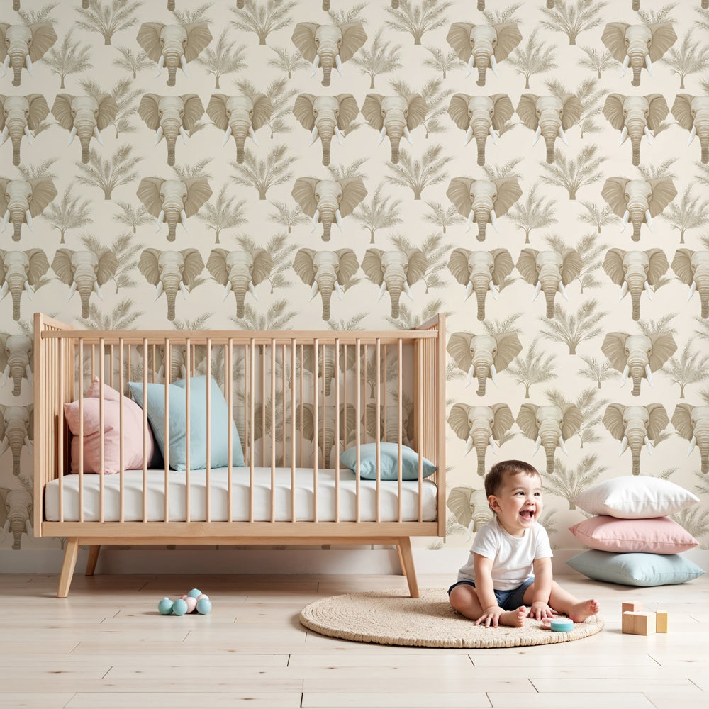 Elephant mural wallpaper creating serene safari atmosphere in modern kids nursery by Kids-Mundo