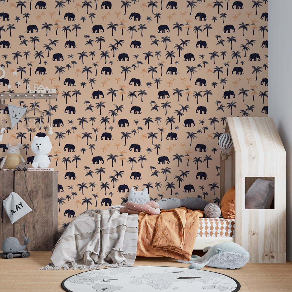 Tropical elephant mural wallpaper transforming kids playroom into safari adventure space