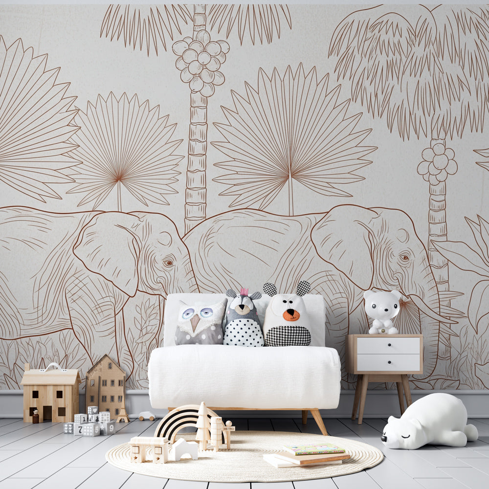 Safari elephant mural wallpaper with tropical foliage for kids room by Kids-Mundo
