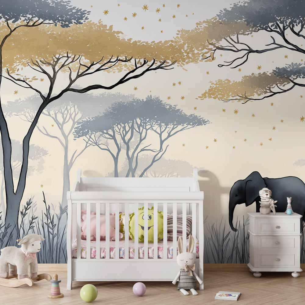 African safari elephant mural wallpaper transforming children's room into peaceful sanctuary