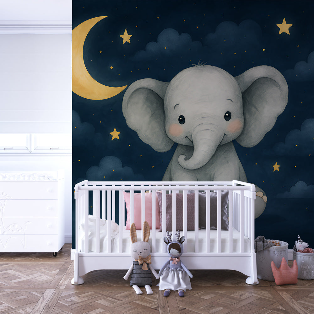 Starlit elephant mural wallpaper transforming baby nursery into magical sanctuary