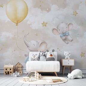 Multicolored elephant wallpaper with starry clouds for modern children's room by Kids-Mundo