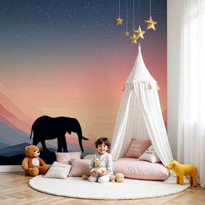 Elephant sunset mural wallpaper creating peaceful atmosphere in modern nursery room by Kids-Mundo