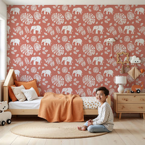 Elephant mural wallpaper with terracotta background creating cozy safari nursery decor by Kids-Mundo
