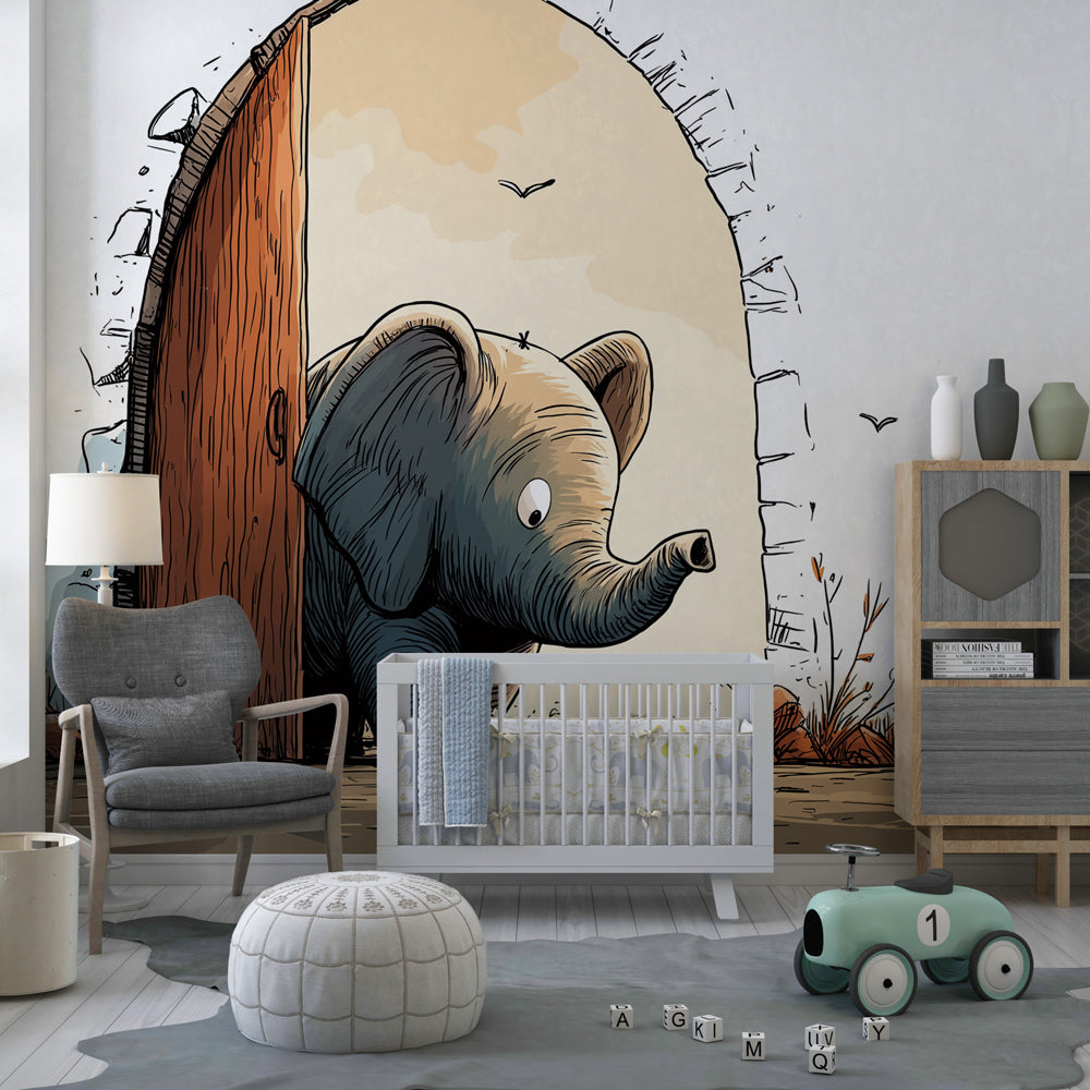 Baby elephant wall mural in cozy toddler bedroom with wooden furniture and soft textures