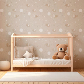 Animal mural wallpaper featuring elephants and balloons in bright toddler bedroom
