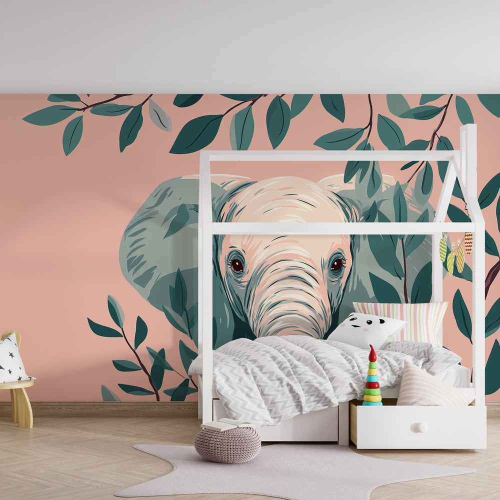Gentle elephant and tropical foliage mural wallpaper for serene children's bedroom