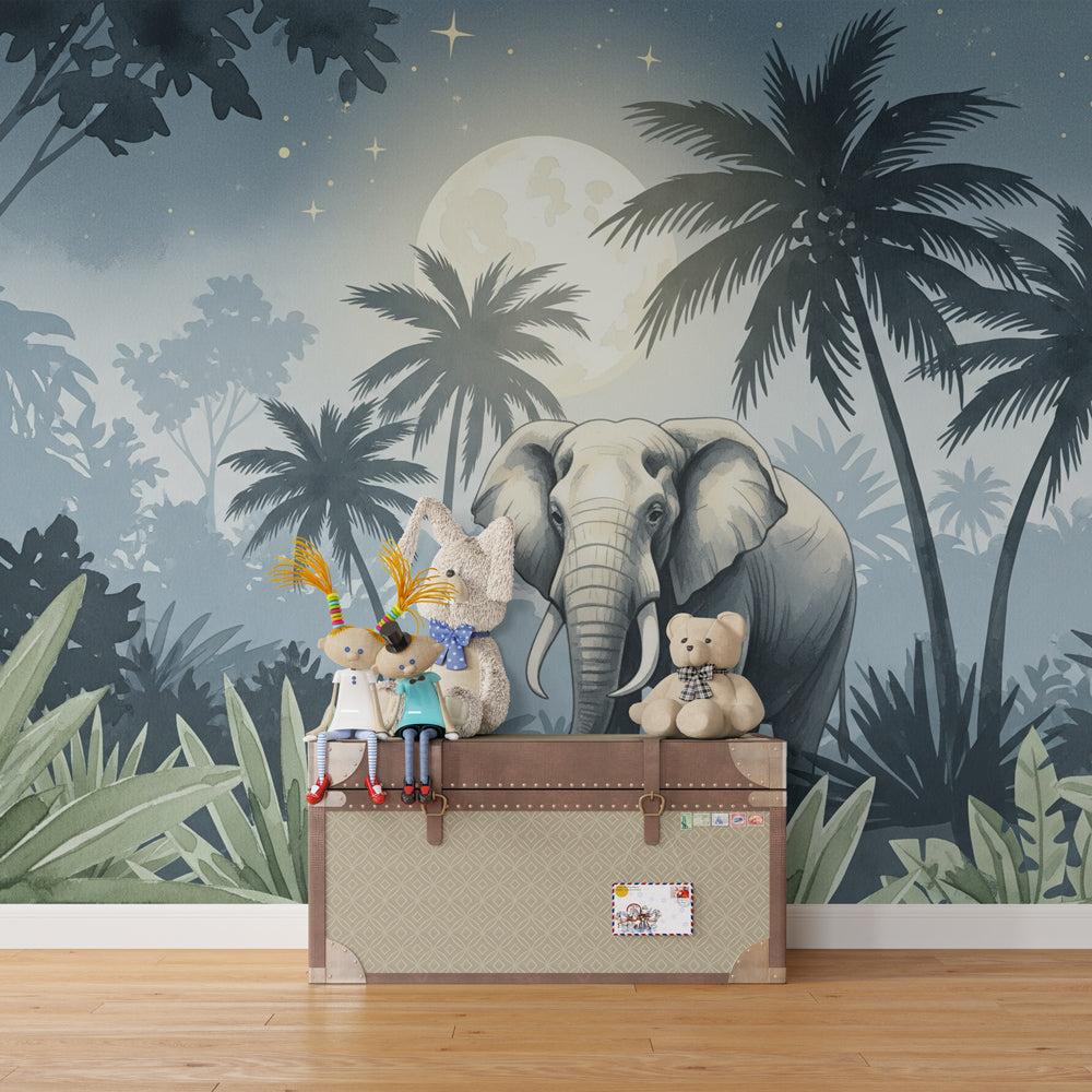 Majestic elephant mural wallpaper with palm trees in kids room setting by Kids-Mundo