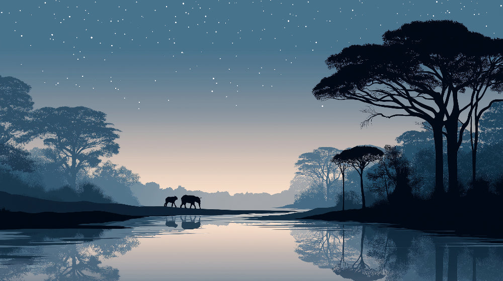 Detailed elephant night safari mural wallpaper design pattern with blue tones by Kids-Mundo