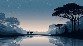 Detailed elephant night safari mural wallpaper design pattern with blue tones by Kids-Mundo