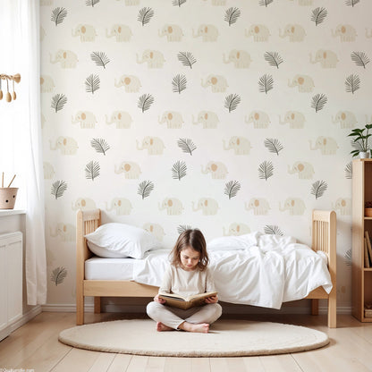 Kids-Mundo elegant elephant and palm leaf wall mural in a neutral nursery setting