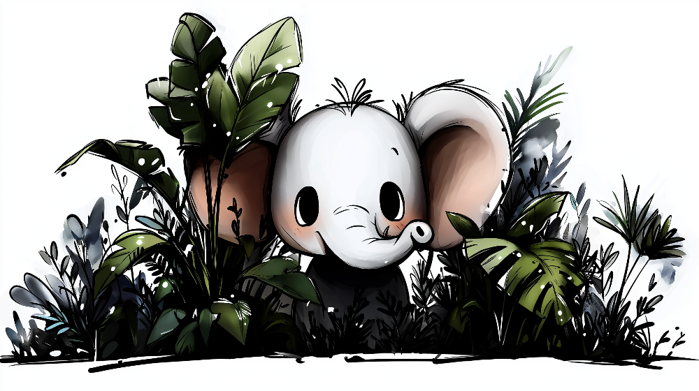 Kids-Mundo flat artwork of a baby elephant peeking out from dense jungle leaves
