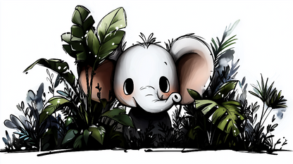 Kids-Mundo flat artwork of a baby elephant peeking out from dense jungle leaves