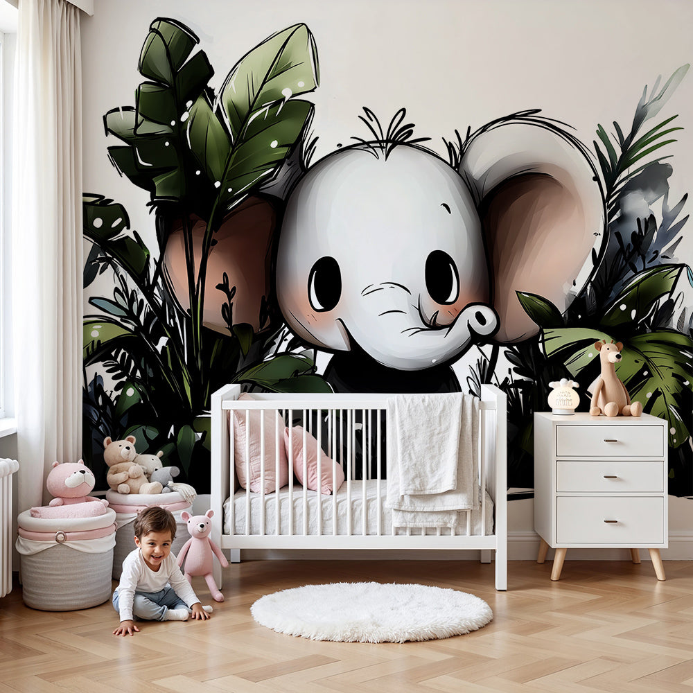 Kids-Mundo peeking baby elephant wall mural styled in a playful jungle nursery room