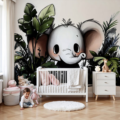 Kids-Mundo peeking baby elephant wall mural styled in a playful jungle nursery room