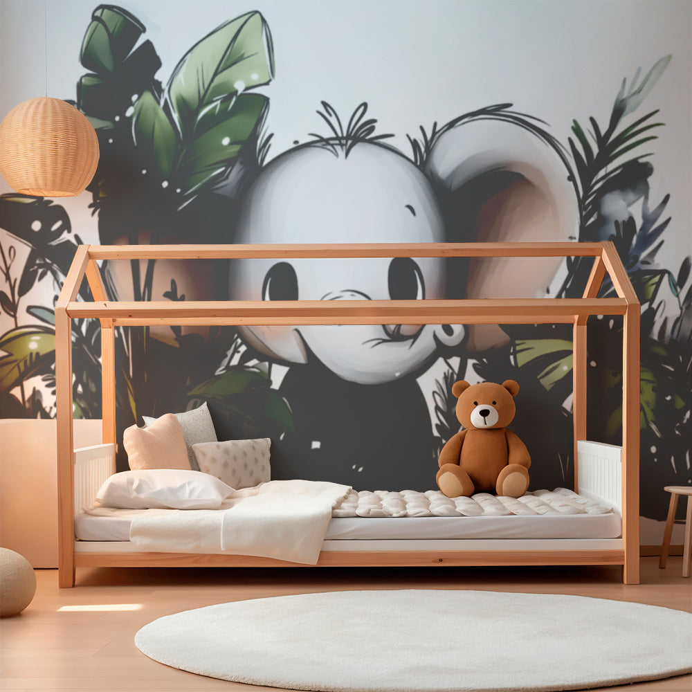 Kids-Mundo elephant peeking through leaves mural brightening a lively playroom wall