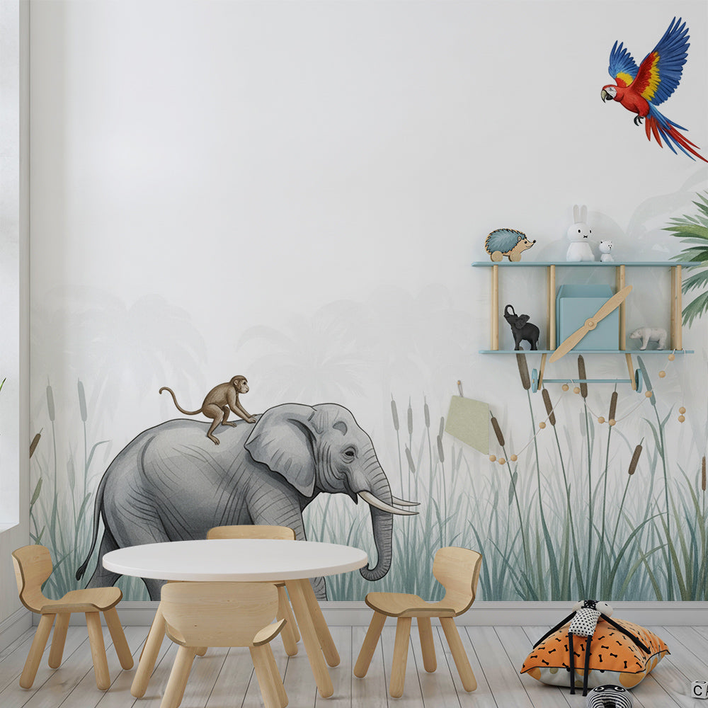 Kids-Mundo elephant and monkey jungle wall mural covering a kids bedroom wall