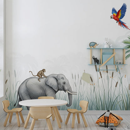 Kids-Mundo elephant and monkey jungle wall mural covering a kids bedroom wall