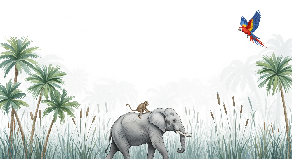 Kids-Mundo flat artwork of an elephant carrying a monkey with a macaw flying above