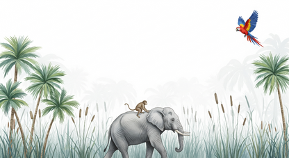 Kids-Mundo flat artwork of an elephant carrying a monkey with a macaw flying above
