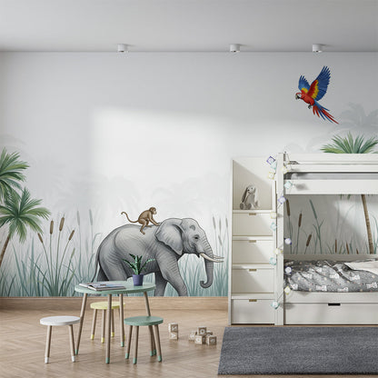 Kids-Mundo elephant riding monkey mural styled on a bright playroom wall